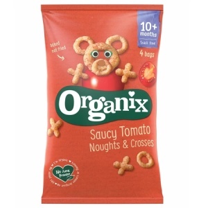 Organix Goodies Snack figurine X si 0 din porumb expandat cu rosii 4 x 15 grame