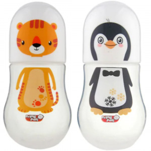 Primii Pasi Biberon decorat in forma de Pinguin / Tigru / Maimuta / Pui x 150ml (cod JP1101)
