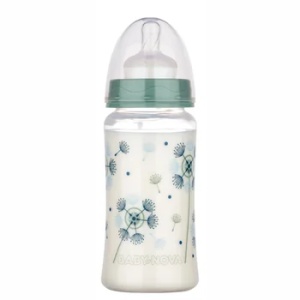 Baby Nova Biberon decorat fara BPA x 300ml (cu gat larg si tetine sistem anticolici, cod 48002)