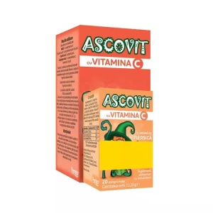 Ascovit Vitamina C 100mg cu aroma de capsuni x 60 comprimate masticabile + Ascovit Vitamina C 100mg cu aroma de piersici x 20 comprimate masticabile