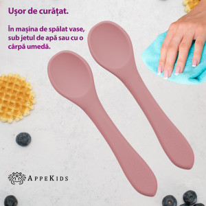 Lingurite din silicon pentru diversificare bebelus, Appekids Old Rose - Img 3