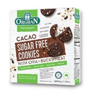 Orgran Biscuiti fara gluten si zahar cu Cacao, Chia si Hrisca x 130 grame