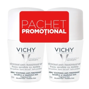 Vichy pachet deodorant roll-on antiperspirant fara parfum 48H, 50ml x 2 bucati