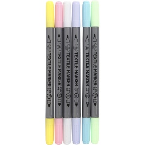 Textile markers, line width: 2,3+3,6 mm, pastel, 6 pieces