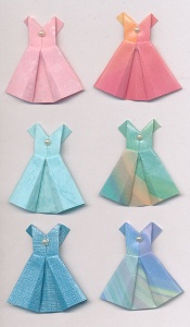 Handgemaakte origami stickers, overlopende kleuren, jurkjes, 6 stuks