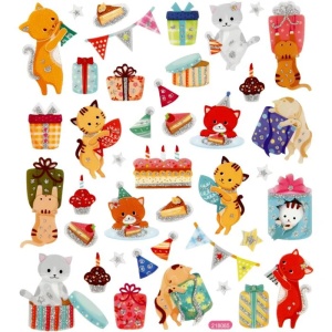 Glitter stickers, vel 15x16,5 cm, verjaardag katten, 29063 (Locatie: 0423)