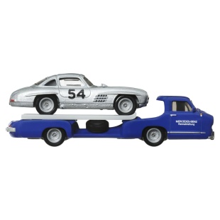 HOT WHEELS TRANSPORTATOR MERCEDES-BENZ 55 BLAUES WUNDER CU MASINUTA MERCEDES-BENZ 300 SL SCARA 1:64 - Img 4