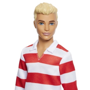 BARBIE FASHIONISTAS PAPUSA KEN BLOND CU BLUZA POLO DUNGI ROSII ALBE - Img 2