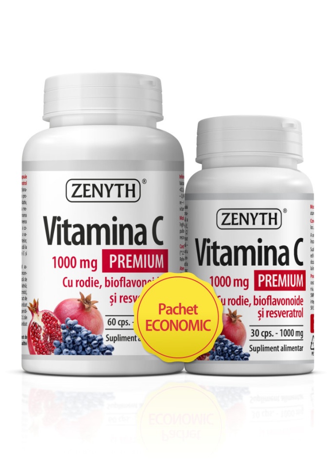 Pachet Vitamina C Premium cu rodie, 1000 mg, 90 cps, Zenyth