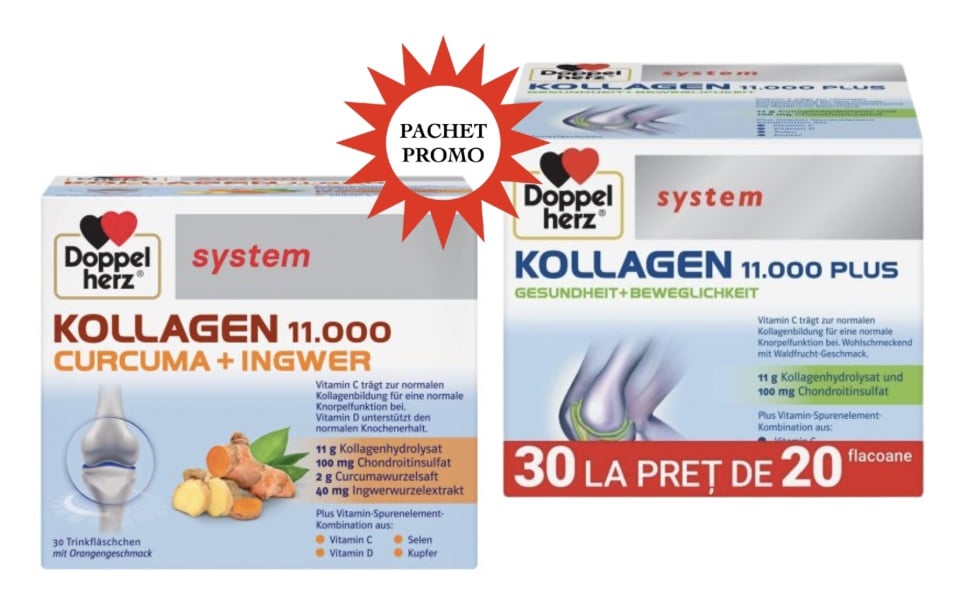 Set Promo 2 BUC - Doppelherz system KOLLAGEN 11000 PLUS*30 flacoane buvabile + Doppelherz System Kollagen 11.000 Plus Curcuma + Ghimbir*30 fl