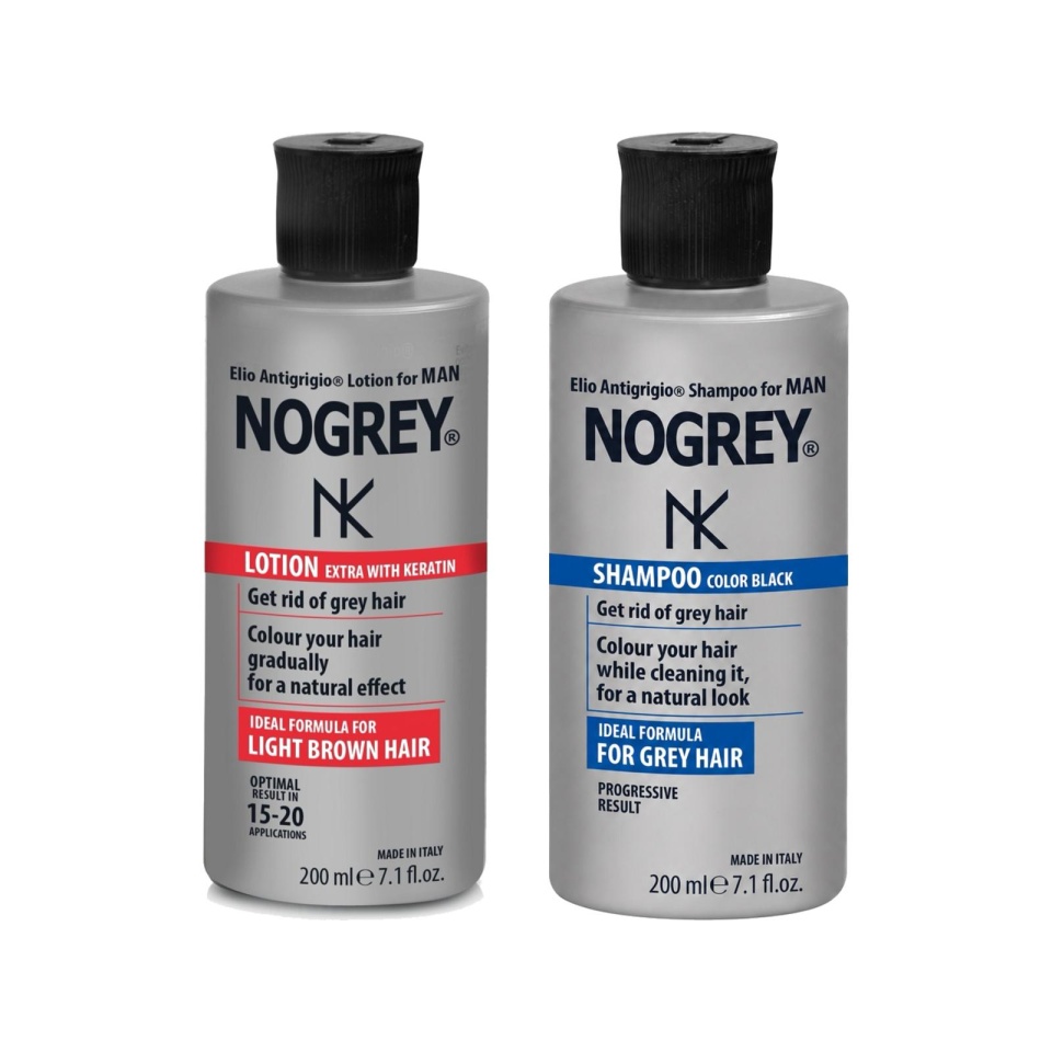 Set tratament pentru repigmentarea progresivă a părului cărunt Nogrey – Loțiune cu Keratină + Șampon Color Black, 2 × 200 ml