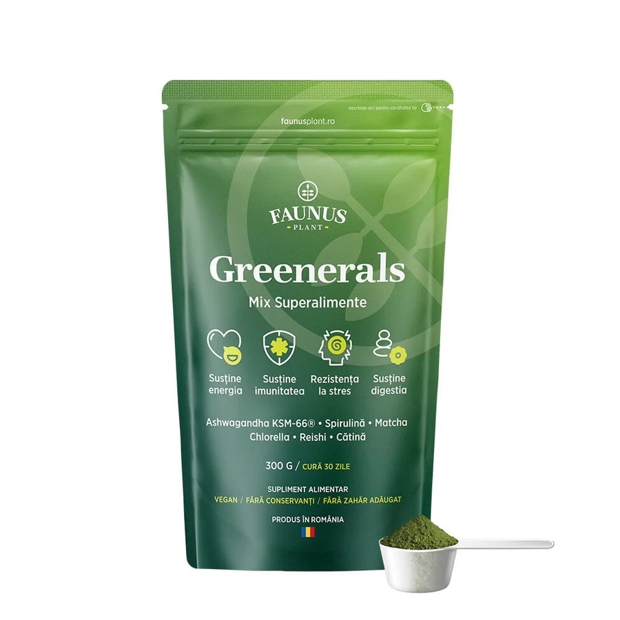 Greenerals - Amestec de superalimente naturale cu nutrienți esențiali pentru organism. Pudră 300g. Energie și vitalitate. Susține imunitatea și detoxifierea în mod natural cu un mix de verdețuri, superalimente și antioxidanți