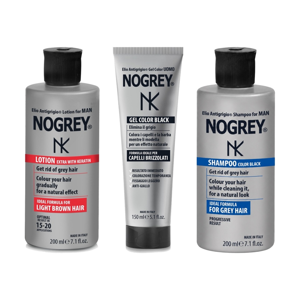 Set complet pentru păr cărunt Nogrey – Șampon Color Black 200 ml + Loțiune cu keratină 200 ml + Gel Color Black 150 ml