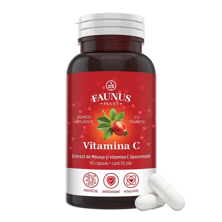 Vitamina C lipozomală cu măceșe - Concentrație mare de vitamina C pentru imunitate, absorbție fier și producerea de colagen - 90 Capsule