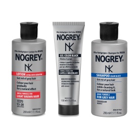 Set complet pentru păr cărunt Nogrey – Șampon Color Black 200 ml + Loțiune cu keratină 200 ml + Gel Color Black 150 ml