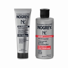 Set tratament pentru păr cărunt și barbă Nogrey – Loțiune repigmentare cu Keratină 200 ml + Gel Color Black 150 ml