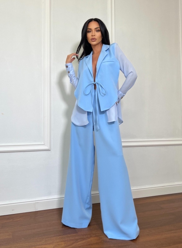 Compleu lung, 2 piese, cămașă și pantaloni tip oversize SUNSHINE FLOW albastru