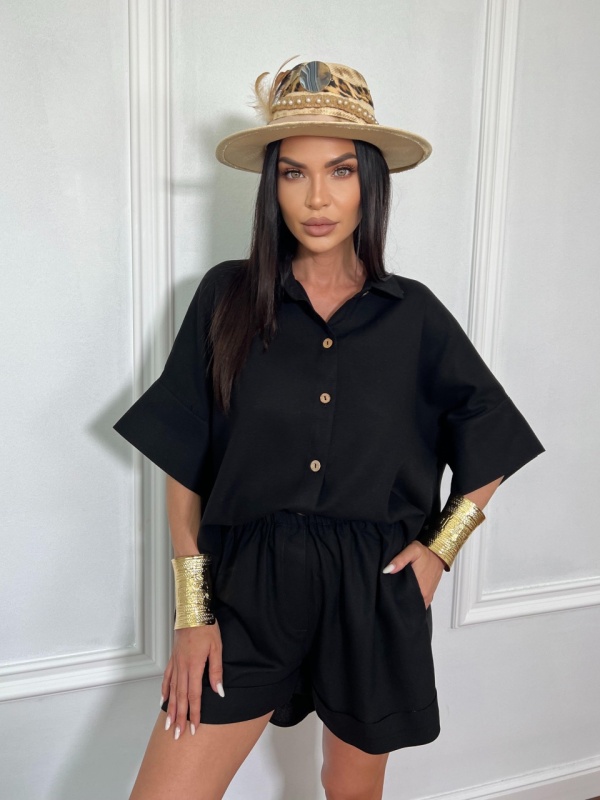 Compleu scurt, din in, 2 piese, camasa tip oversize ANTONELLA negru