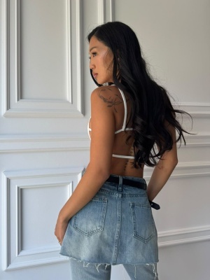 Blugi DENICE, albaștri, cu talie înaltă și croială wide leg, cu suprapunere asimetrică tip fustă - Img 4