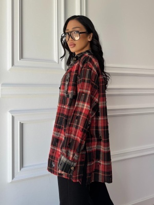 Cămașa ELISE, tip oversized carouri roșu-negru, look urban-chic - Img 2