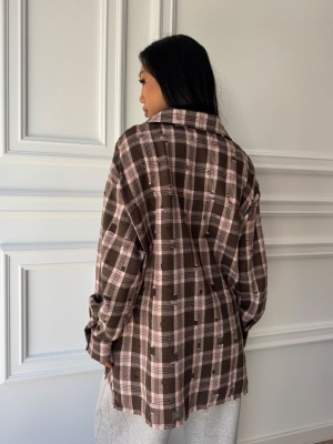 Cămașă GINETTE în carouri maro și roz, oversized, cu croială lejeră și buzunare - Img 2