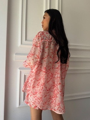 Cămașă tip rochie SORELLE, roz coral, cu imprimeu abstract și croială oversized - Img 2