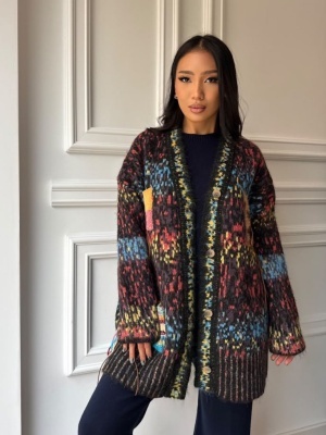Cardigan MAXINE, negru, cu imprimeu multicolor și croială oversized