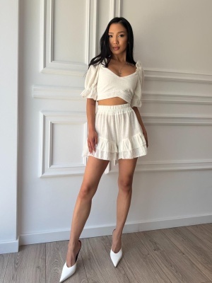 Compleu din muselină PURE ROMANCE, top cu mâneci bufante și fustă-pantalon - Img 3