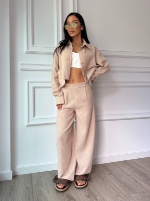 Compleu din muselină SANTORINI LOVE, cămașă scurtă și pantaloni largi nude rose