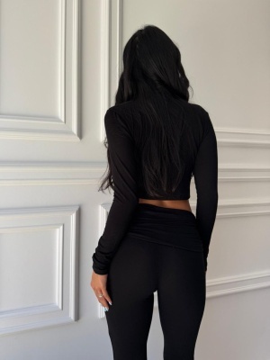 Compleu KAIA, negru, din vâscoză cu bumbac și elastan, cu top cropped și pantaloni evazați - Img 3