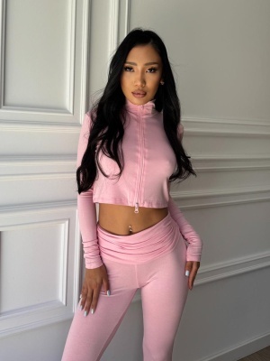 Compleu KAIA, roz, din vâscoză cu bumbac și elastan, cu top cropped și pantaloni evazați - Img 2