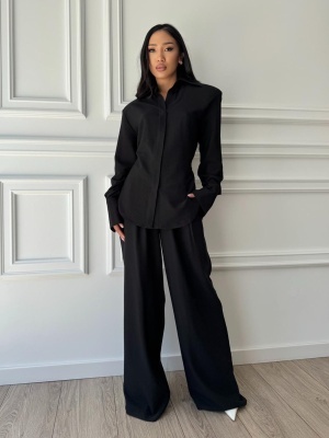 Compleu KALYSSA din material fluid, 2 piese, cămașă și pantaloni tip oversized negru