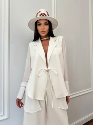 Compleu lung, 2 piese, cămașă și pantaloni tip oversize SUNSHINE FLOW alb - Img 2