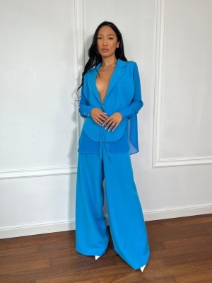 Compleu lung, 2 piese, cămașă și pantaloni tip oversize SUNSHINE FLOW albastru electric