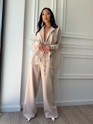 Compleu lung, 2 piese, cămașă și pantaloni tip oversize SUNSHINE FLOW bej