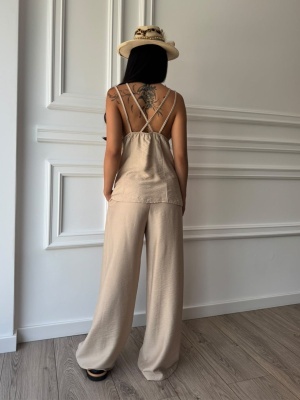 Compleu MELISSA, bej, top cu bretele și pantaloni palazzo, cu croială fluidă - Img 2