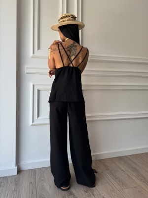 Compleu MELISSA, negru, top cu bretele și pantaloni palazzo, cu croială fluidă - Img 2