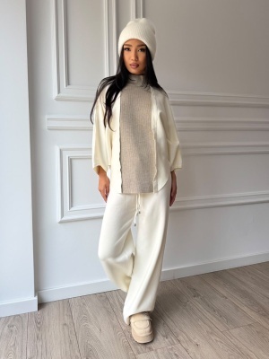 Compleu PATRICIA din două piese, ivoire, cu cardigan cu mâneci ample și pantaloni lungi