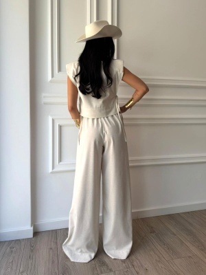 Compleu RANIA, crem natur, din in natural, top lejer și pantaloni largi pentru zile călduroase - Img 3