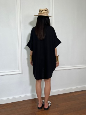 Compleu scurt, din in, 2 piese, camasa tip oversize ANTONELLA negru - Img 2