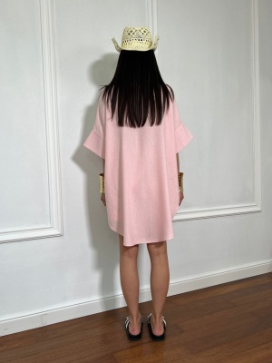 Compleu scurt, din in, 2 piese, camasa tip oversize ANTONELLA roz - Img 5