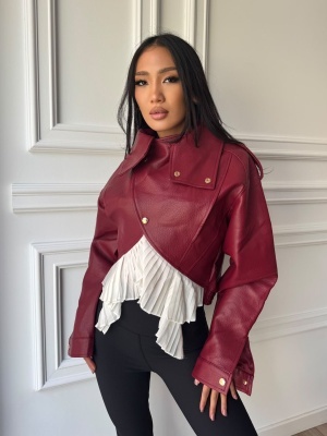 Geacă SORAYA din piele ecologică, bordo, croială oversized și guler înalt - Img 2