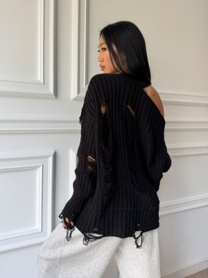 Pulover AMELINE tricotat cu efect distressed, negru, croială oversized și design asimetric - Img 3