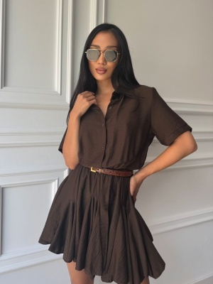 Rochie HELENA, mocha, cu croială lejeră, talie evidențiată și fustă amplă