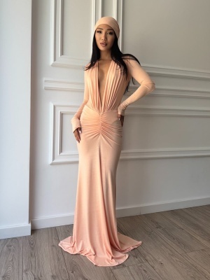 Rochie NOIRA, corai, maxi, cu decolteu adânc și croială mulată
