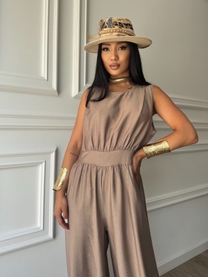 Salopetă NICOLE, taupe, cu croială lejeră, talie evidențiată și pantaloni tip jogger - Img 2