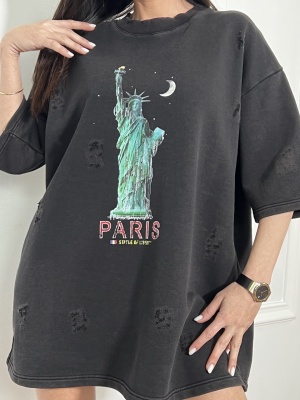 Tricou cu imprimeu tip oversize PARIS negru - Img 2