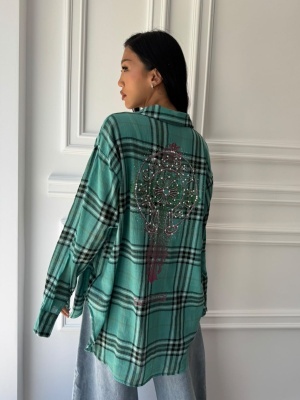 Cămașă casual ALIONA, cu mâneci lungi, ușor oversized, turcoaz în carouri - Img 2