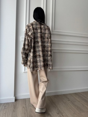 Cămașă casual AMELIA, cu mâneci lungi, ușor oversized, maro-bej în carouri - Img 4