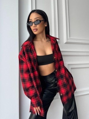 Cămașă casual ONDARA, cu mâneci lungi, ușor oversized, negru-rosu în carouri - Img 2